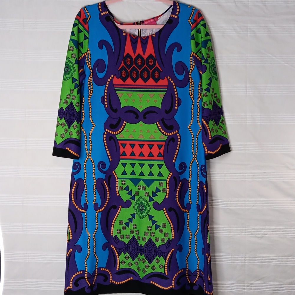 Sunny Leigh Colorful Midi Shift Dress 3/4 Sleeves Women's Large Blue Green Red